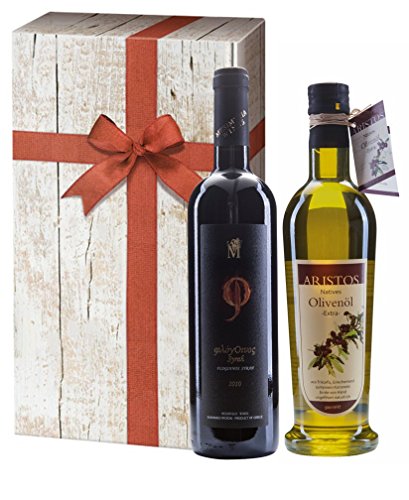 2tlg Griechisches Olivenöl Geschenk-Set | Griechischer Rotwein Syrah 2020 | kaltgepresstes Olivenöl | extra nativ | sortenrein | Geschenkkarton mit Holzoptik & Schleife | ARISTOS (Olivenöl & Rotwein) von ARISTOS