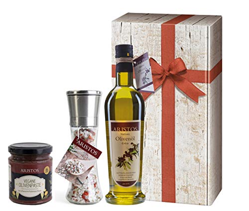 3 tlg Griechisches Olivenöl Geschenk-Set Weihnachten | Geschenkkorb mit Öl, Meersalz, Tapenade | in Geschenkkarton mit Holzoptik und Schlaufe | ARISTOS (Öl-Salz-Paste) von ARISTOS