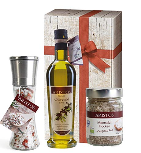 3 tlg Griechisches Olivenöl Geschenk-Set Weihnachten | Öl, Meersalzflocken, Salzmühle | in Geschenkkarton Geschenkkorb-Griechenland mit Holzoptik und Schlaufe | by ARISTOS (Öl-Salz-Flocken) von ARISTOS