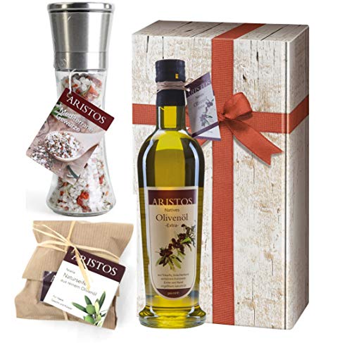3 tlg griechisches Olivenöl Geschenk-Set Weihnachten | Öl, Meersalz, Olivenölseife | Griechischer Geschenkorb | in Geschenkkarton mit Holzoptik und Schlaufe | ARISTOS (Öl-Salz-Seife) von ARISTOS