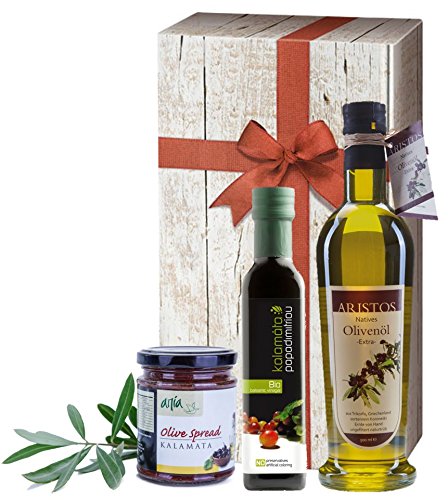 3tlg griechisches Olivenöl Geschenk-Set | Bio Essig | Extra Natives Olivenöl | Schwarze Tapenade | Geschenkkarton mit Holzoptik und Schleife | ARISTOS (Olivenöl, Essig & Tapenade) von ARISTOS