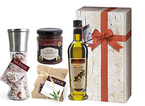 4 tlg Griechisches Olivenöl Geschenk-Set Weihnachten | Öl, Meersalz, Olivenpaste, Naturseife Olivenölseife | Griechischer Geschenkkorb | Geschenkkarton mit Holzoptik | ARISTOS (Öl-Salz-Seife-Paste) von ARISTOS
