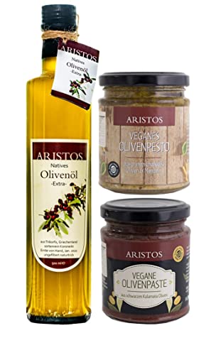 ARISTOS Bio Olivenöl Gourmet Geschenk Set | 500 ml kaltgepresstes extra natives Griechenland + 2x Griechische Tapenade Olivenpaste | 3tlg Geschenk-Set Oster Geschenk von ARISTOS