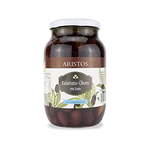 ARISTOS Original Griechische Kalamata Oliven mit Stein aus eigenem Anbau – 1x 650 g Glas (Abtropfgewicht) leckere im Hausrezept eingelegte Kalamon Oliven ungeschwärzt … von ARISTOS