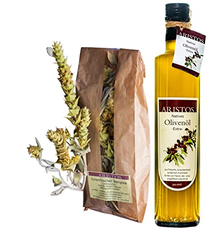 ARISTOS Set extra natives kaltgepresstes sortenreines naturtrübes Koroneiki Olivenöl 500 ml + Griechischer Bergtee Sideritis Scardica 25g | 2tlg von ARISTOS