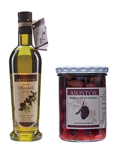 ARISTOS Kaltgepresstes Natives Olivenöl Extra + Kalamata Oliven aus Eigenanbau Griechenland Bio Qualität (1x 500ml + 1x 300g Abtropfgewicht) von ARISTOS