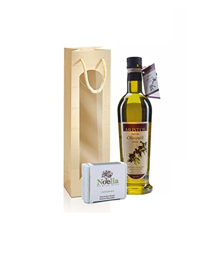 Geschenk-Set | Kaltgepresstes Olivenöl | Olivenölseife | Geschenktüte mit Sichtfenster | 500ml Olivenöl + 100 g Olivenölseife | ARISTOS Ostergeschenk Geschenkidee von ARISTOS