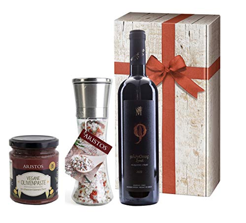 Griechisches Geschenk-Set | Rotwein Syrah trocken 2018 | ARISTOS Salzmühle und Olivenpaste (Rotwein + Salzmühle + Paste) von ARISTOS