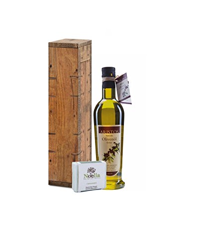 Olivenöl-Geschenk kaltgepresstes griechisches Olivenöl + Olivenölseife im Geschenkkarton "Holz" 500ml | ARISTOS von ARISTOS