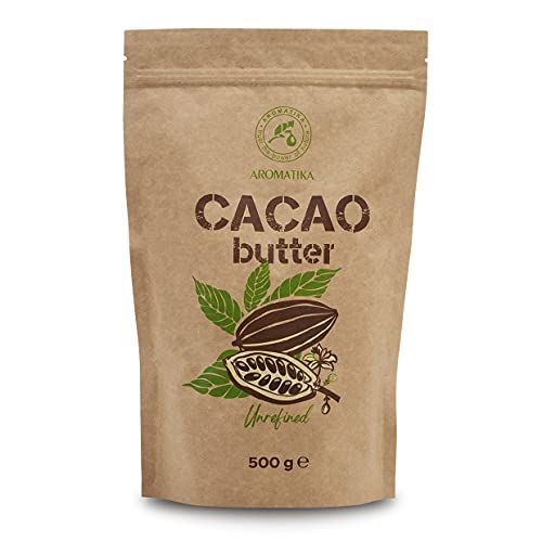 Kakaobutter 500g - Kaltgepresst - Unraffiniert - Theobroma Cacao - Roh Cacaobutter - Kakao Butter in Stücken - Rein und Natürlich - Cacao Butter für Speisen und Hautpflege von AROMATIKA trust the power of nature