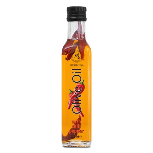 Olivenöl mit Getrocknete Chilischote 250 ml - Olivenöl mit Chili - Olivenöl mit Gewürzen - Frisches Olivenöl - Olivenöl zum Kochen - Olivenöl mit Chiligeschmack - Glasflasche von AROMATIKA trust the power of nature