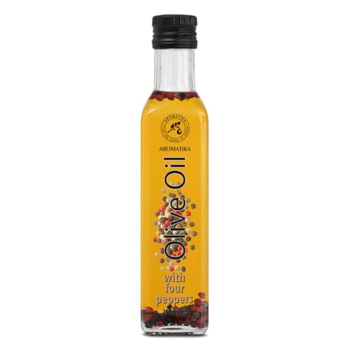 Olivenöl mit Pfeffer 250 ml - Olivenöl mit Vier Pfefferkörner Mischung - Olivenöl mit Gewürzen - Frisches Olivenöl - Olivenöl zum Kochen - Gutes Salatdressing - Natürlicher Geschmack von AROMATIKA trust the power of nature