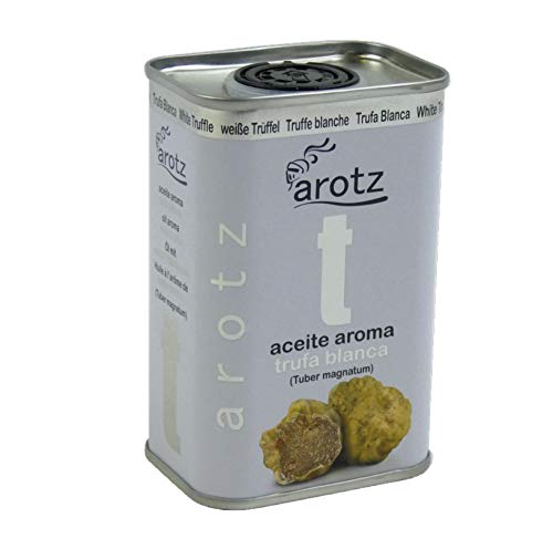 Weißes Trüffel-Aromaöl. Trüffelöldose von 200ml. Er passt zu jedem Gericht und verleiht ihm den Gourmet-Touch von hohem kulinarischen Niveau. Olivenöl mit weißem Trüffel aromatisiert. von AROTZ