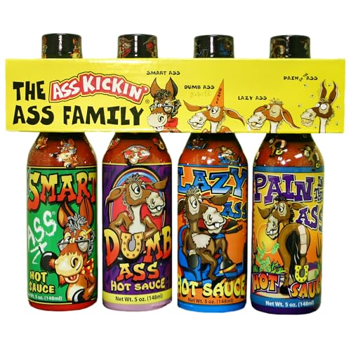 ASS KICKIN' The Ass Family Hot Sauce Gourmet-Geschenkset – 5oz. 4er-Pack - Probieren Sie es aus, wenn Sie sich trauen! – Perfektes ultimatives Gourmet-Geschenk für den Hot-Sauce-Fan von ASS KICKIN'