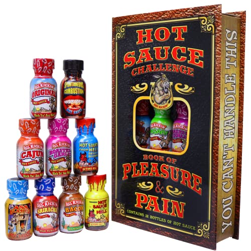 ASS KICKIN' Hot Sauce Challenge Book Of Pleasure & Pain – 12 – 0,75-Unzen-Flaschen-Geschenkset – Perfektes Premium-Gourmet-Hot-Sauce-Geschenkset – Probieren Sie es aus, wenn Sie sich trauen! von ASS KICKIN'