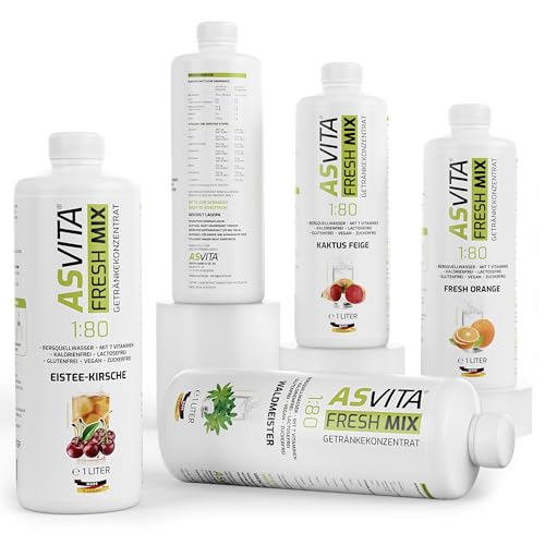 AsVita Getränkekonzentrat Fresh Mix 1:80-1 Liter Flasche - Getränkesirup zuckerfrei - 26 leckere Geschmacksrichtungen (Apfel-Kirsch) Sirup kalorienarm von ASVita