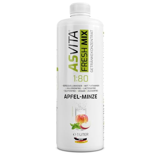 AsVita Getränkekonzentrat Fresh Mix 1:80-1 Liter Flasche - Getränkesirup zuckerfrei - 26 leckere Geschmacksrichtungen (Apfel-Minze) von ASVita