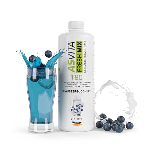 AsVita Getränkekonzentrat Fresh Mix 1:80-1 Liter Flasche - Getränkesirup ohne Zucker - 26 leckere Sirup Geschmacksrichtungen (Blaubeere-Joghurt) zuckerfrei von ASVita