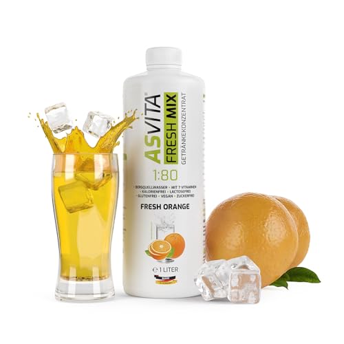 AsVita Getränkekonzentrat Fresh Mix 1:80-1 Liter Flasche - Getränkesirup zuckerfrei - Sirup für Wasser 26 leckere Geschmacksrichtungen (Fresh-Orange) von ASVita