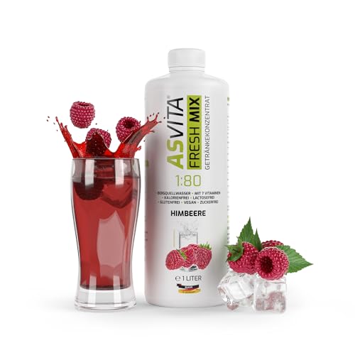 AsVita Getränkekonzentrat Fresh Mix 1:80-1 Liter Flasche - Getränkesirup zuckerfrei - 26 leckere Geschmacksrichtungen (Himbeere) von ASVita