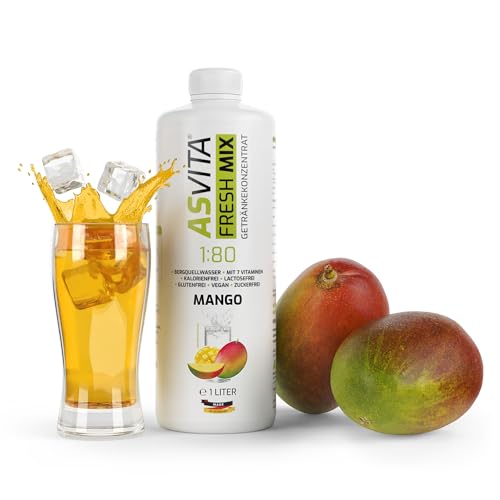 AsVita Getränkekonzentrat Fresh Mix 1:80-1 Liter Flasche - Getränkesirup zuckerfrei - 26 leckere Geschmacksrichtungen (Mango) von ASVita