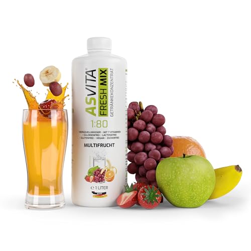 AsVita Getränkekonzentrat Fresh Mix 1:80-1 Liter Flasche - Getränkesirup ohne Zucker - 26 leckere Sirup Geschmacksrichtungen (Multifrucht) für Wassersprudler von ASVita