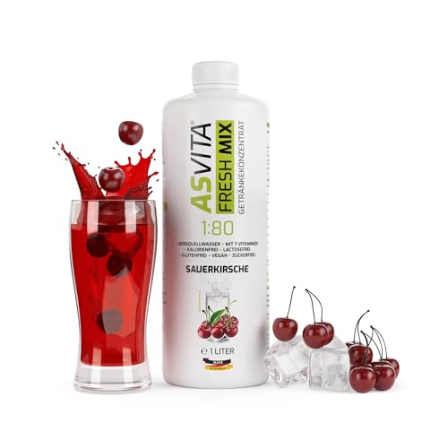 AsVita Getränkekonzentrat Fresh Mix 1:80-1 Liter Flasche - Getränkesirup zuckerfrei - 26 leckere Geschmacksrichtungen (Sauerkirsche) Zuckerfreier Sirup für Wasser von ASVita