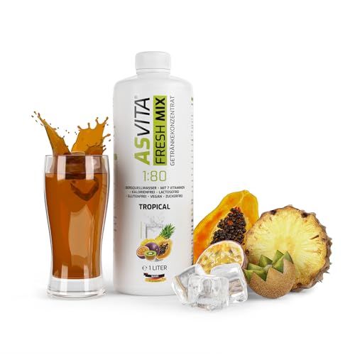 AsVita Getränkekonzentrat Fresh Mix 1:80-1 Liter Flasche - Getränkesirup zuckerfrei - 26 leckere Zero Sirup Geschmacksrichtungen (Tropical) Vital-Drink mit Vitaminen von ASVita