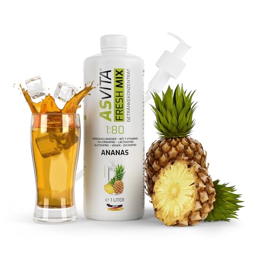 AsVita Getränkekonzentrat Fresh Mix 1:80-1L Flasche inkl. Dosierpumpe - Getränke Sirup zuckerfrei - 26 leckere Geschmacksrichtungen (Ananas) von ASVita