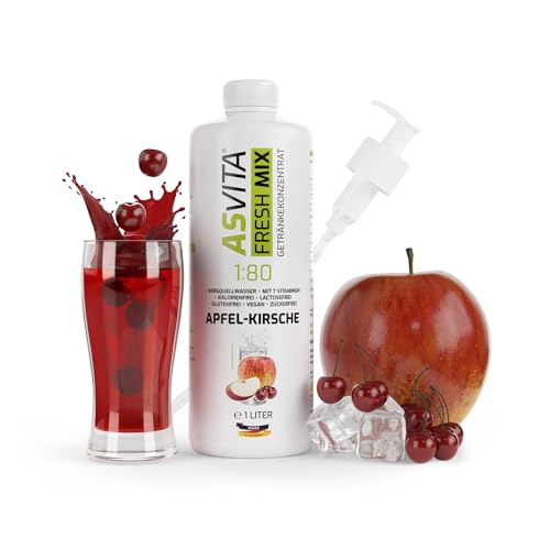 AsVita Getränkekonzentrat Fresh Mix 1:80-1L Flasche inkl. Dosierpumpe - Getränke Sirup zuckerfrei - 26 leckere Geschmacksrichtungen (Apfel-Kirsch) von ASVita