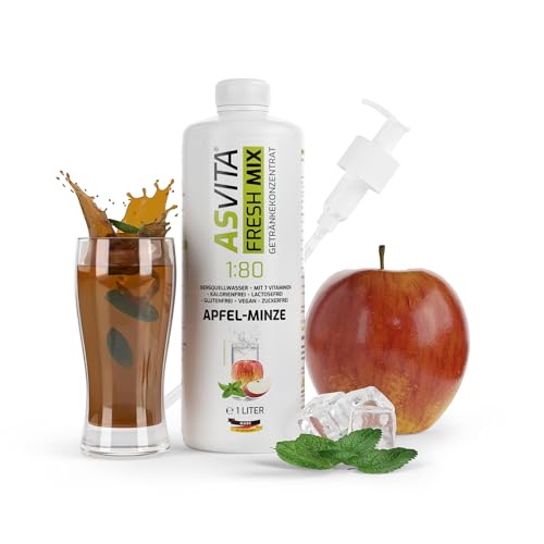 AsVita Getränkekonzentrat Fresh Mix 1:80-1L Flasche inkl. Dosierpumpe - Getränke Sirup zuckerfrei - 26 leckere Geschmacksrichtungen (Apfel-Minze) von ASVita
