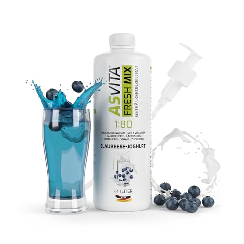 AsVita Getränkekonzentrat Fresh Mix 1:80-1L Flasche inkl. Dosierpumpe - Getränke Sirup zuckerfrei - 26 leckere Geschmacksrichtungen (Blaubeere-Joghurt) von ASVita
