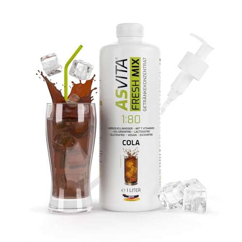 AsVita Getränkekonzentrat Fresh Mix 1:80-1L Flasche inkl. Dosierpumpe - Getränke Sirup zuckerfrei - 26 leckere Geschmacksrichtungen (Cola) von ASVita