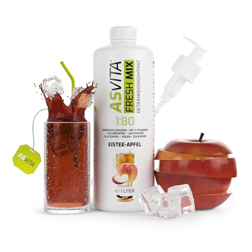 AsVita Getränkekonzentrat Fresh Mix 1:80-1L Flasche inkl. Dosierpumpe - Getränke Sirup zuckerfrei - 26 leckere Geschmacksrichtungen (Eistee-Apfel) von ASVita