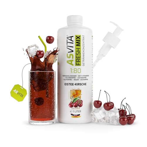 AsVita Getränkekonzentrat Fresh Mix 1:80-1L Flasche inkl. Dosierpumpe - Getränke Sirup zuckerfrei - 26 leckere Geschmacksrichtungen (Eistee-Kirsche) von ASVita