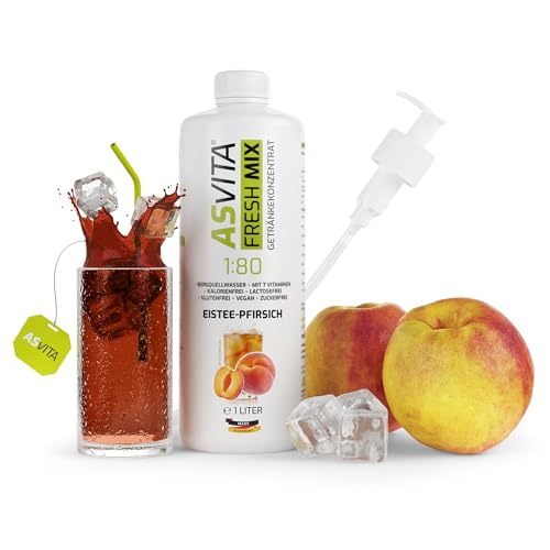 AsVita Getränkekonzentrat Fresh Mix 1:80-1L Flasche inkl. Dosierpumpe - Getränke Sirup zuckerfrei - 26 leckere Geschmacksrichtungen (Eistee-Pfirsich) von ASVita