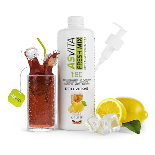 AsVita Getränkekonzentrat Fresh Mix 1:80-1L Flasche inkl. Dosierpumpe - Getränke Sirup zuckerfrei - 26 leckere Geschmacksrichtungen (Eistee-Zitrone) von ASVita