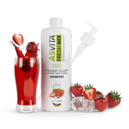 AsVita Getränkekonzentrat Fresh Mix 1:80-1L Flasche inkl. Dosierpumpe - Getränke Sirup zuckerfrei - 26 leckere Geschmacksrichtungen (Erdbeere) von ASVita