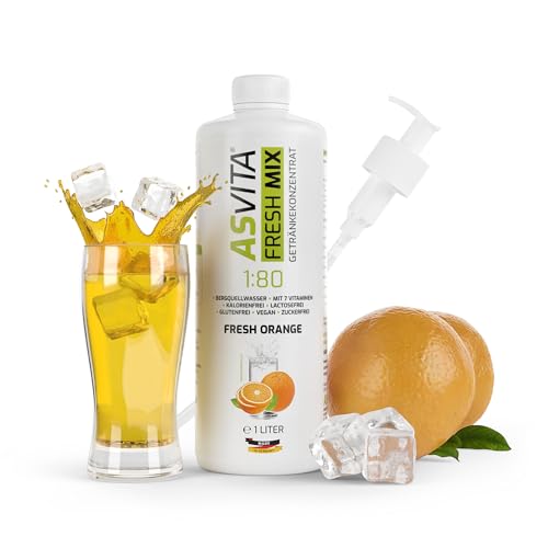 AsVita Getränkekonzentrat Fresh Mix 1:80-1L Flasche inkl. Dosierpumpe - Getränke Sirup zuckerfrei - 26 leckere Geschmacksrichtungen (Fresh-Orange) von ASVita