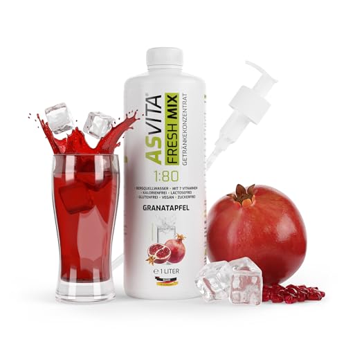 AsVita Getränkekonzentrat Fresh Mix 1:80-1L Flasche inkl. Dosierpumpe - Getränke Sirup zuckerfrei - 26 leckere Geschmacksrichtungen (Granatapfel) von ASVita