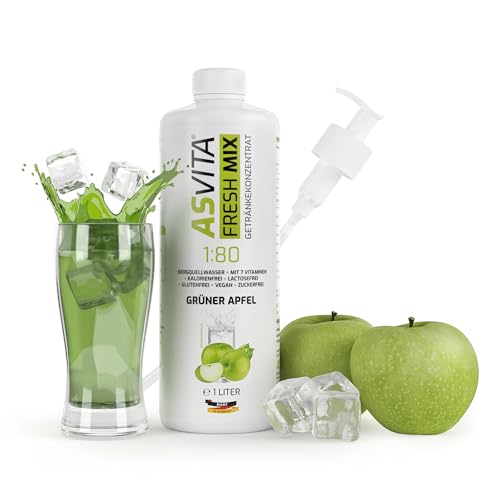 AsVita Getränkekonzentrat Fresh Mix 1:80-1L Flasche inkl. Dosierpumpe - Getränke Sirup zuckerfrei - 26 leckere Geschmacksrichtungen (Grüner Apfel) von ASVita