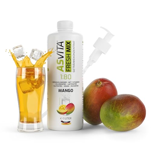 AsVita Getränkekonzentrat Fresh Mix 1:80-1L Flasche inkl. Dosierpumpe - Getränke Sirup zuckerfrei - 26 leckere Geschmacksrichtungen (Mango) von ASVita