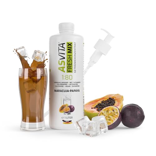 AsVita Getränkekonzentrat Fresh Mix 1:80-1L Flasche inkl. Dosierpumpe - Getränke Sirup zuckerfrei - 26 leckere Geschmacksrichtungen (Maracuja-Papaya) von ASVita