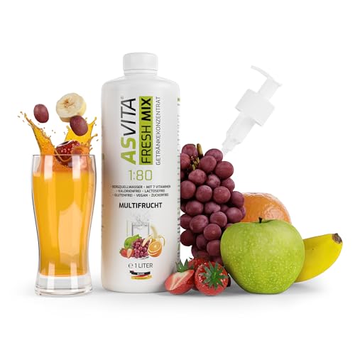 AsVita Getränkekonzentrat Fresh Mix 1:80-1L Flasche inkl. Dosierpumpe - Getränke Sirup zuckerfrei - 26 leckere Geschmacksrichtungen (Multifrucht) von ASVita