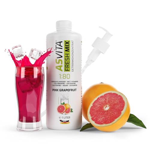 AsVita Getränkekonzentrat Fresh Mix 1:80-1L Flasche inkl. Dosierpumpe - Getränke Sirup zuckerfrei - 26 leckere Geschmacksrichtungen (Pink Grapefruit) von ASVita