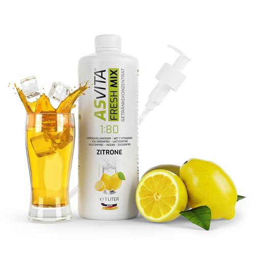AsVita Getränkekonzentrat Fresh Mix 1:80-1L Flasche inkl. Dosierpumpe - Getränke Sirup zuckerfrei - 26 leckere Geschmacksrichtungen (Zitrone) von ASVita