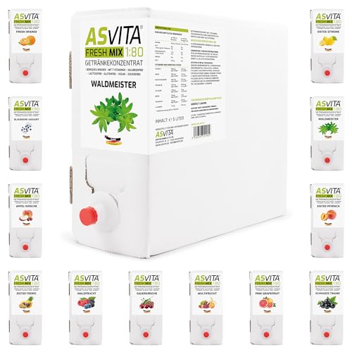 AsVita Getränkekonzentrat Fresh Mix 1:80 | 5 Liter Bag in Box - Getränkesirup zuckerfrei - 12 leckere Geschmacksrichtungen (Eistee-Pfirsich) von ASVita