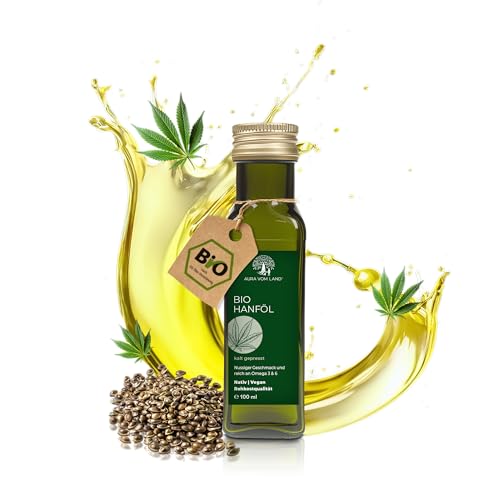 Aura vom Land Bio Premium Hanföl 100ml Kaltgepresst – Hanfsamenöl Vegan & Reich an Omega 3-6-9-Fettsäuren – Hochwertiges Speiseöl auch Haaröl/Körperöl – Bio Oil Hemp Oil Made in Germany von AURA VOM LAND