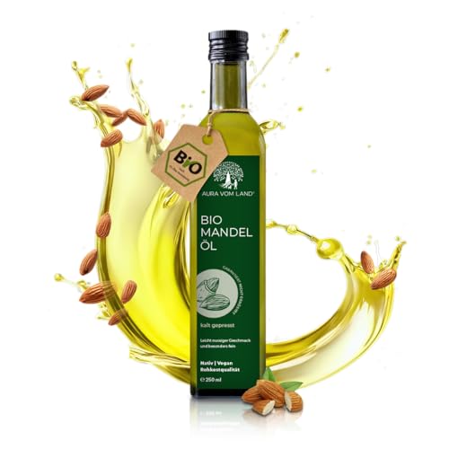 Aura vom Land Bio Premium Mandelöl Kaltgepresst – Natürliches Sweet Almond Oil – Ideal als Speiseöl, Kosmetik, Baby Öl, Haaröl & Massageöl – Süßmandelöl Hergestellt in Bayern (250ml) von AURA VOM LAND