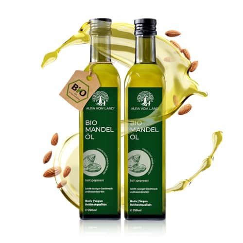 Aura vom Land Bio Premium Mandelöl Kaltgepresst – Natürliches Sweet Almond Oil – Ideal als Speiseöl, Kosmetik, Baby Öl, Haaröl & Massageöl – Süßmandelöl Hergestellt in Bayern (2x250ml) von AURA VOM LAND
